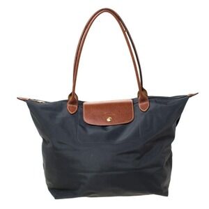 Longchamp Le Pliage Small Shoulder Tote Bag Gray Nylon Brown Leather Trim